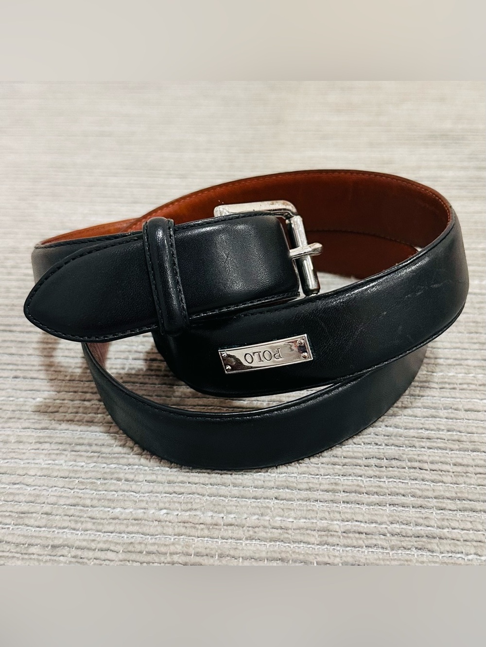 Polo Ralph Lauren Black Leather Men's Belt Silver Buckle Plaque Size 38/95